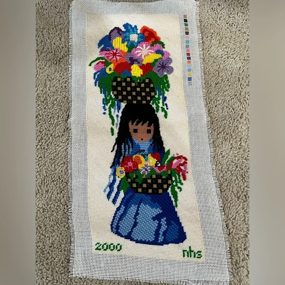 Colorful Floral Needlepoint Artwork Vintage FINISHED AND UNFRAMED 9.5”x 20”